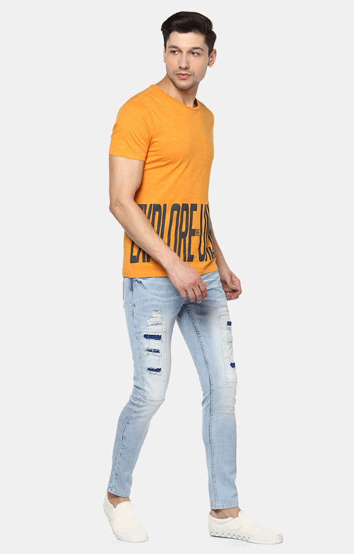 Spykar Men Yellow Cotton Slim Fit Printed T-Shirt