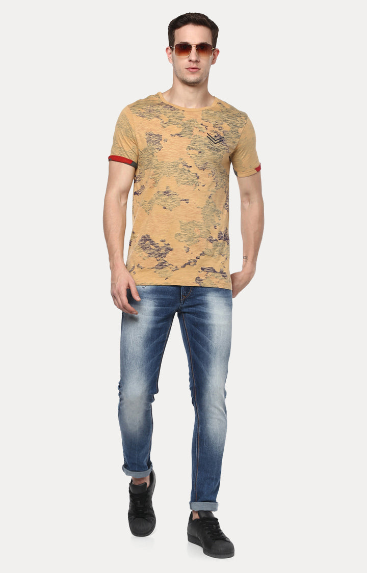 Spykar Beige Cotton Slim Fit T-Shirt For Men