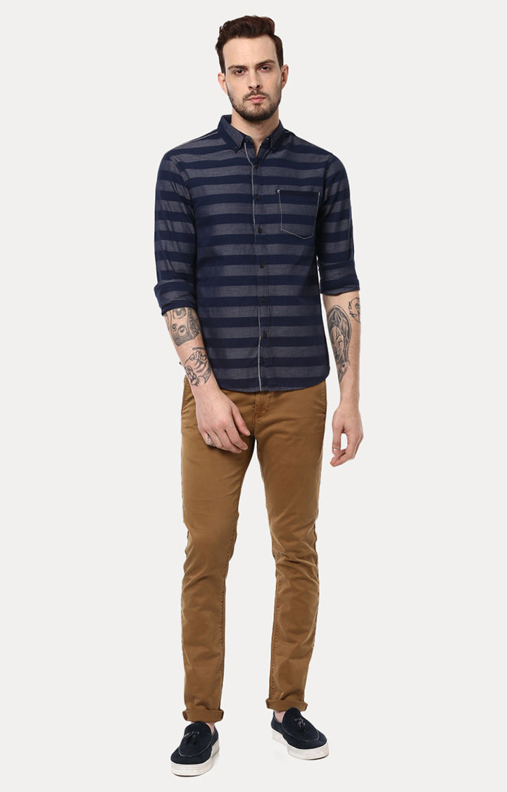 Spykar Men Navy Striped Slim Fit Casual Shirt