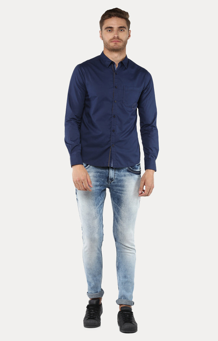 Spykar Men Blue Solid Slim Fit Casual Shirt