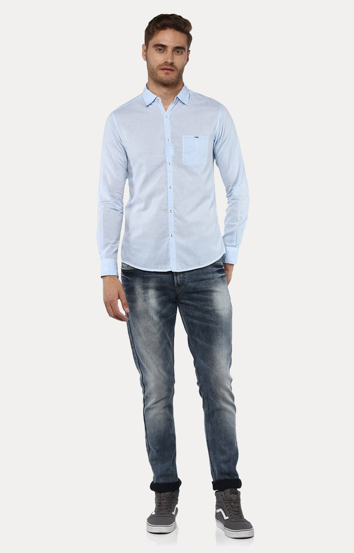 Spykar Men Light Blue Striped Slim Fit Casual Shirt