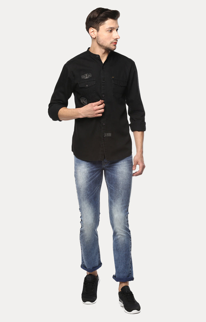 Spykar Black Cotton Slim Fit Shirts For Men