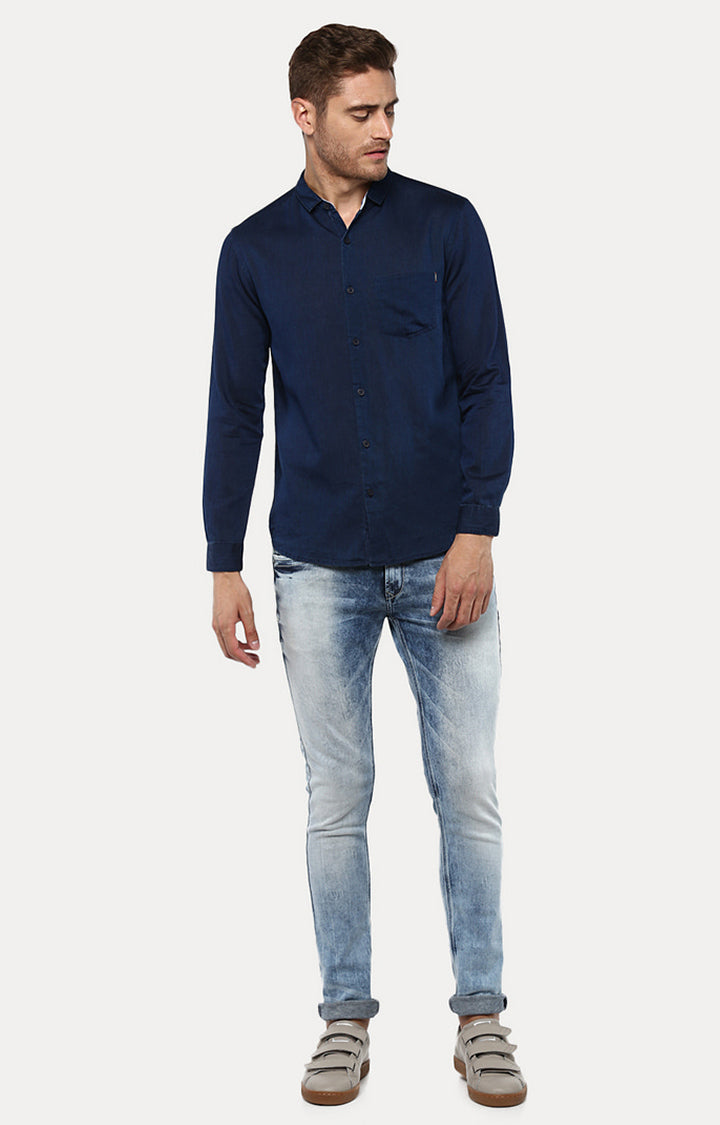 Spykar Men Blue Solid Slim Fit Casual Shirt