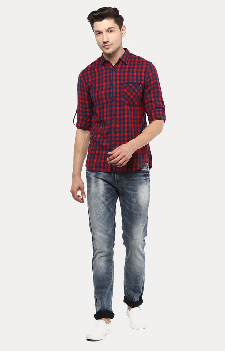 Spykar Men Red Cotton Slim Fit Checkered Shirts