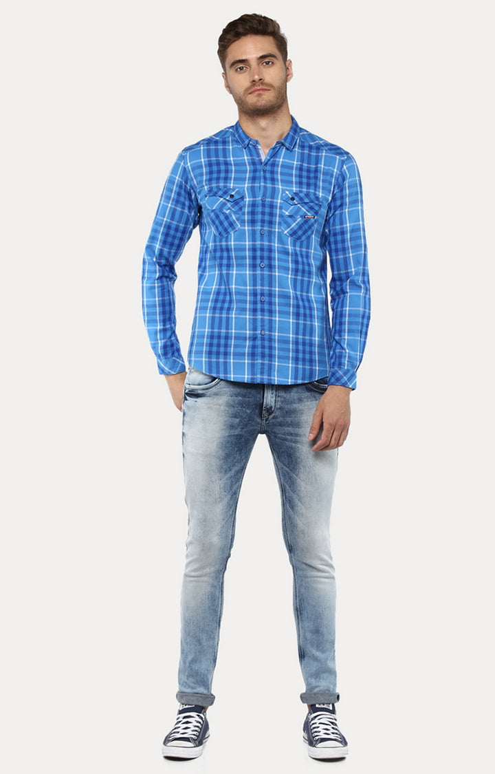 Spykar Men Blue Checked Slim Fit Casual Shirt