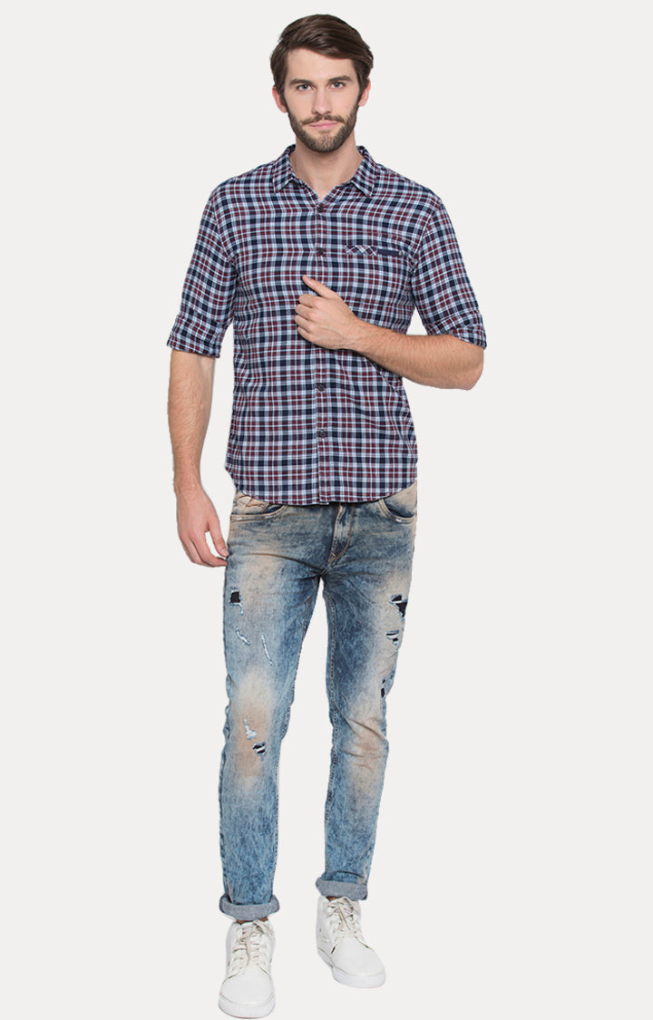 Spykar Men Blue Checked Slim Fit Casual Shirt