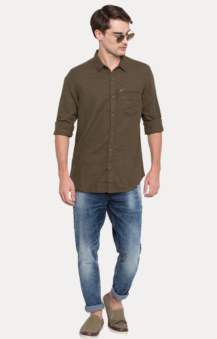 Spykar Men Green Solid Slim Fit Casual Shirt