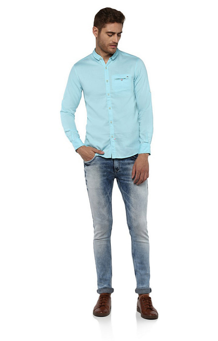 Spykar Men Turquoise Solid Slim Fit Casual Shirt