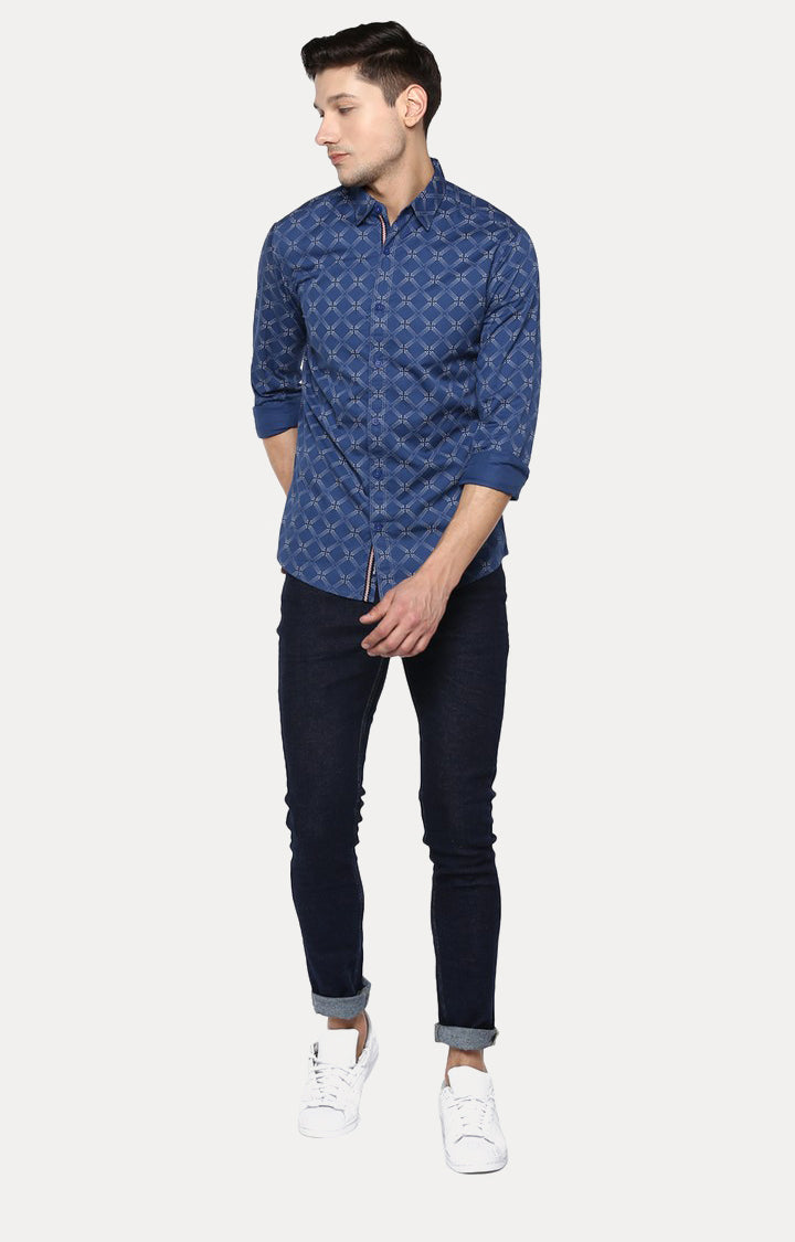 Spykar Men Blue Cotton Slim Fit Printed Shirts