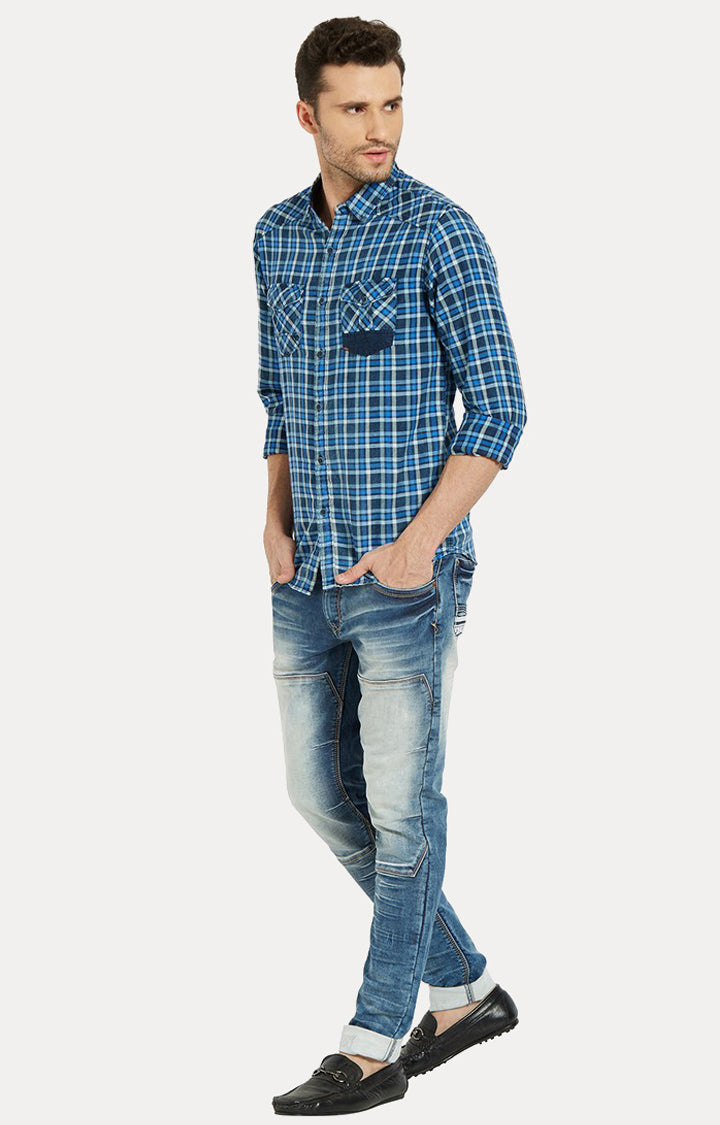 Spykar Men Blue Checked Slim Fit Casual Shirt