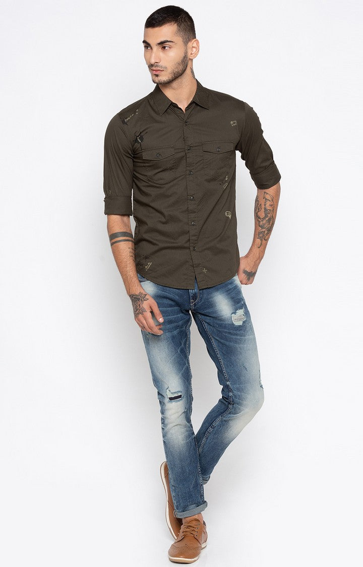 Spykar Men Olive Solid Slim Fit Casual Shirt