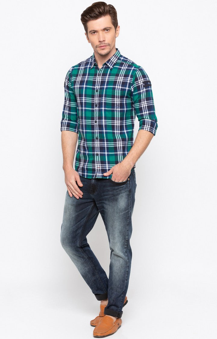 Spykar Men Green Checked Slim Fit Casual Shirt