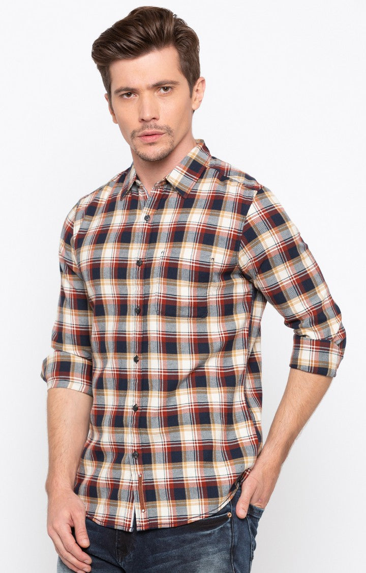 Spykar Men Rust Beige Checked Slim Fit Casual Shirt