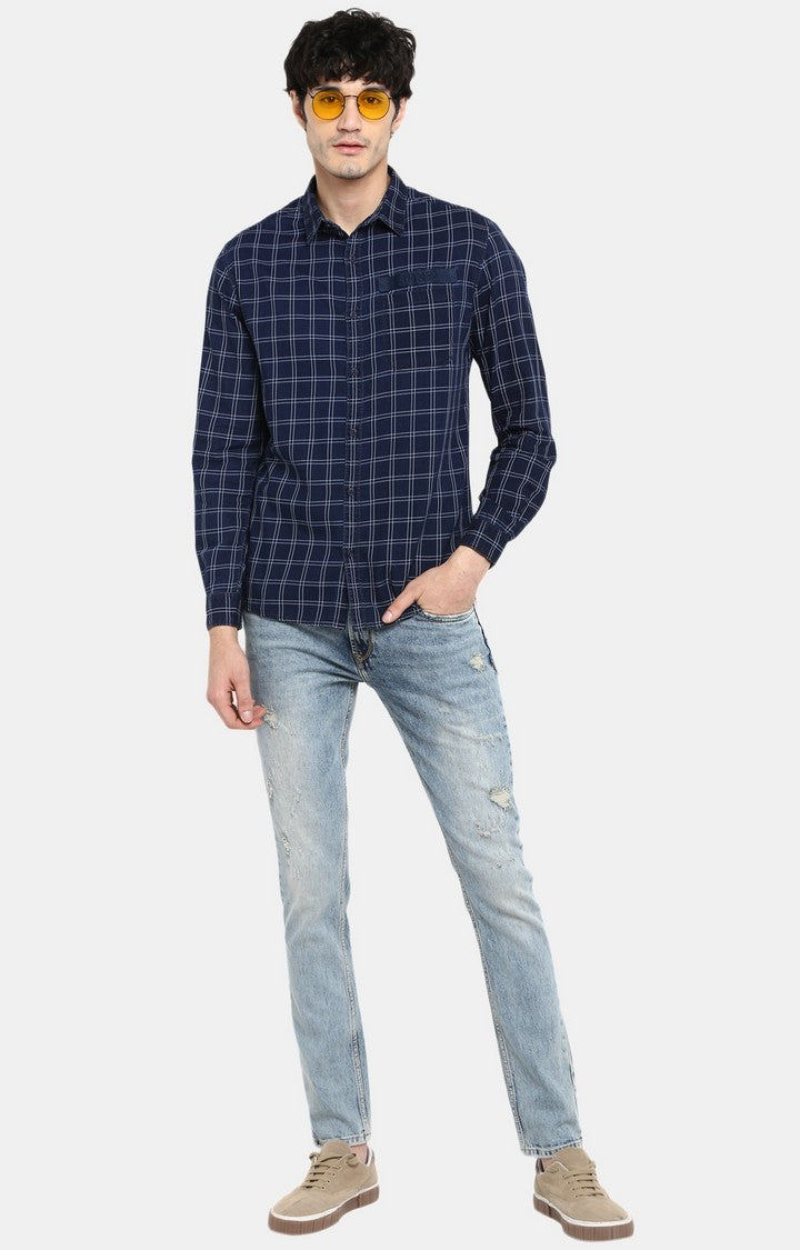 Spykar Men Blue Checked Slim Fit Casual Shirt