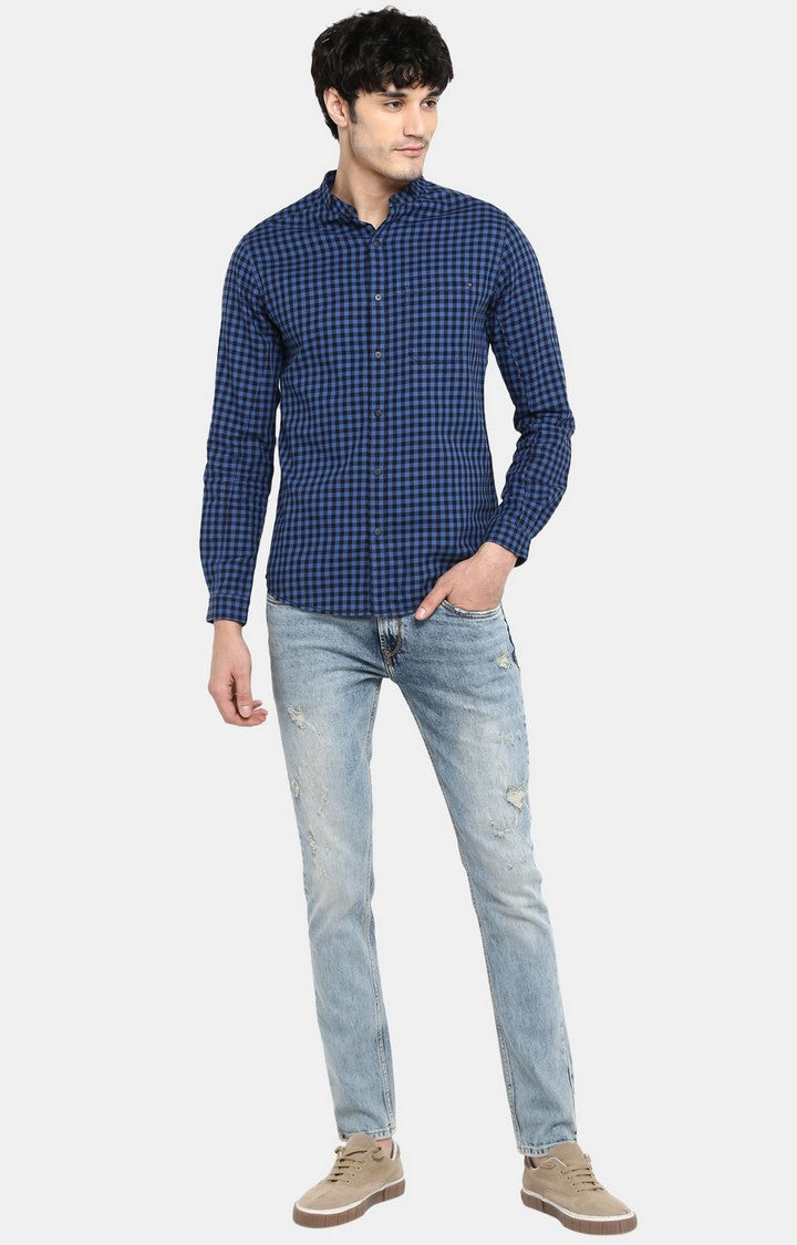 Spykar Men Blue Checked Slim Fit Casual Shirt