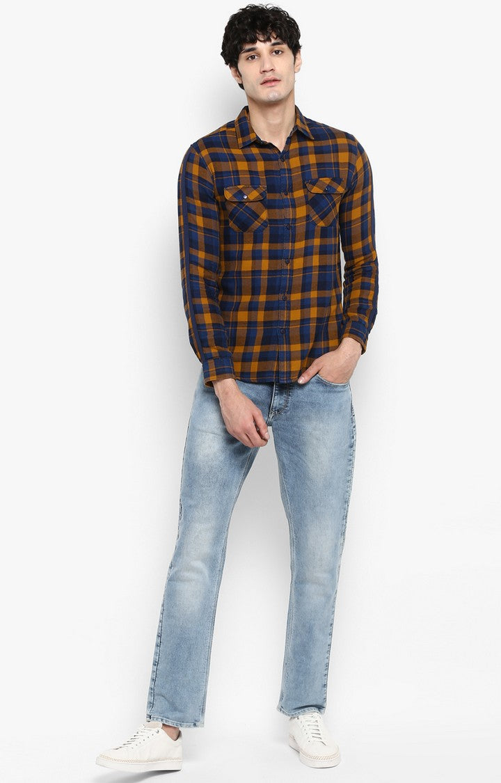 Spykar Men Mustard Checked Slim Fit Casual Shirt