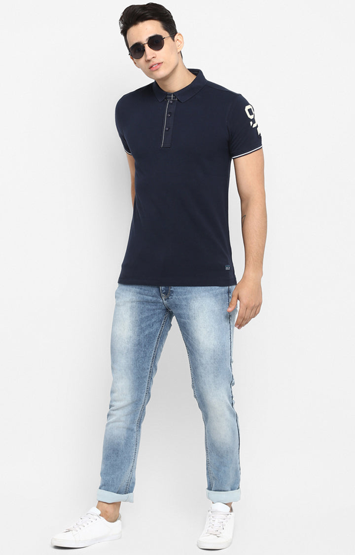 Spykar Men Blue Cotton Slim Fit Polo T-Shirt