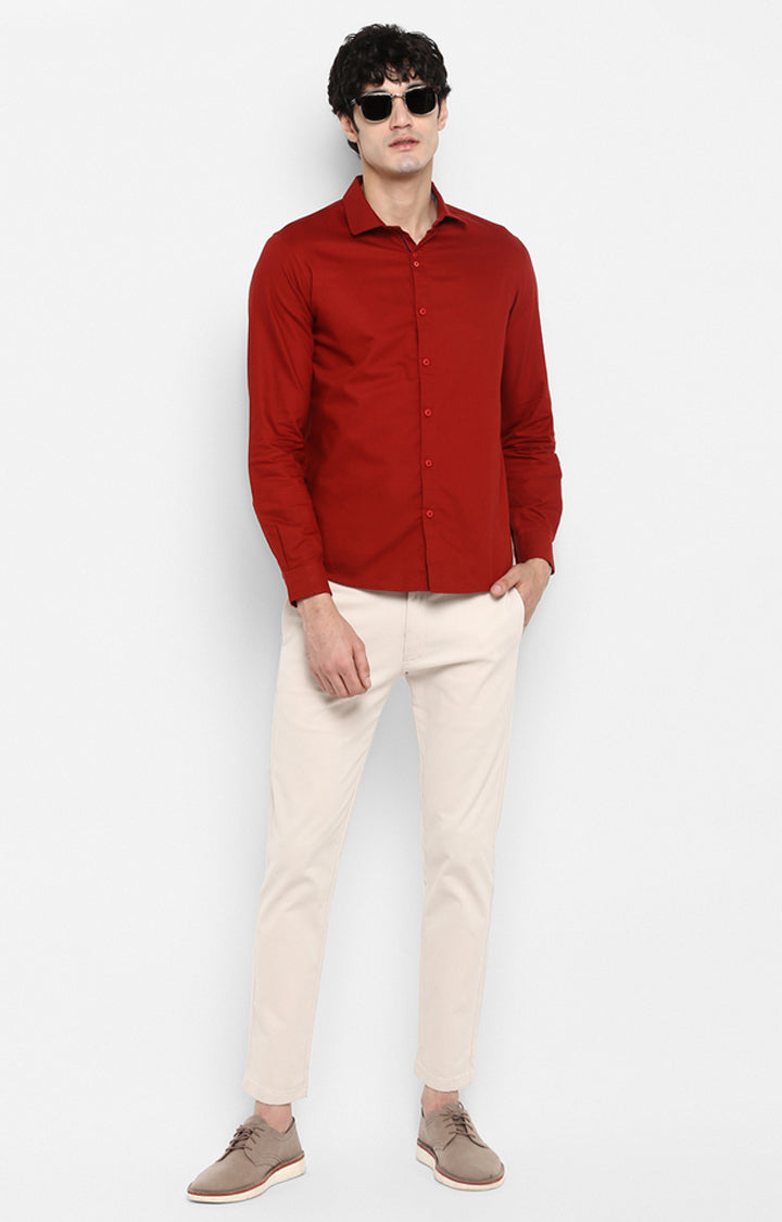 Spykar Red Cotton Slim Fit Shirts For Men