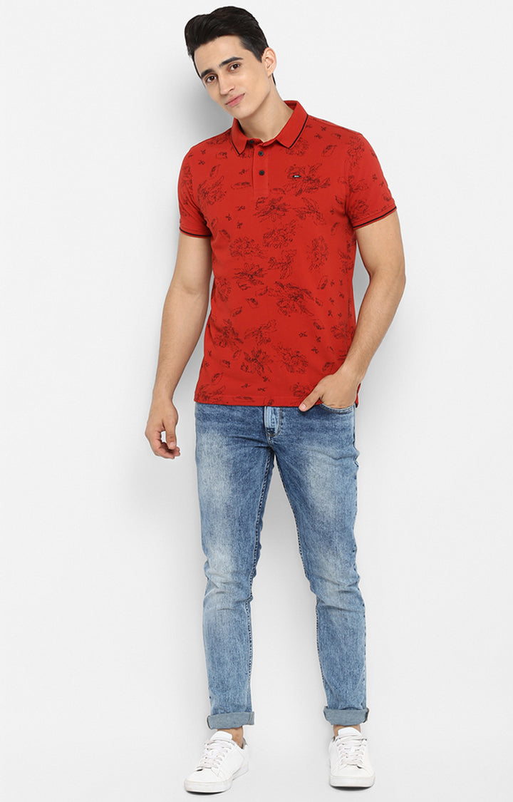 Spykar Men Red Cotton Slim Fit Polo T-Shirt