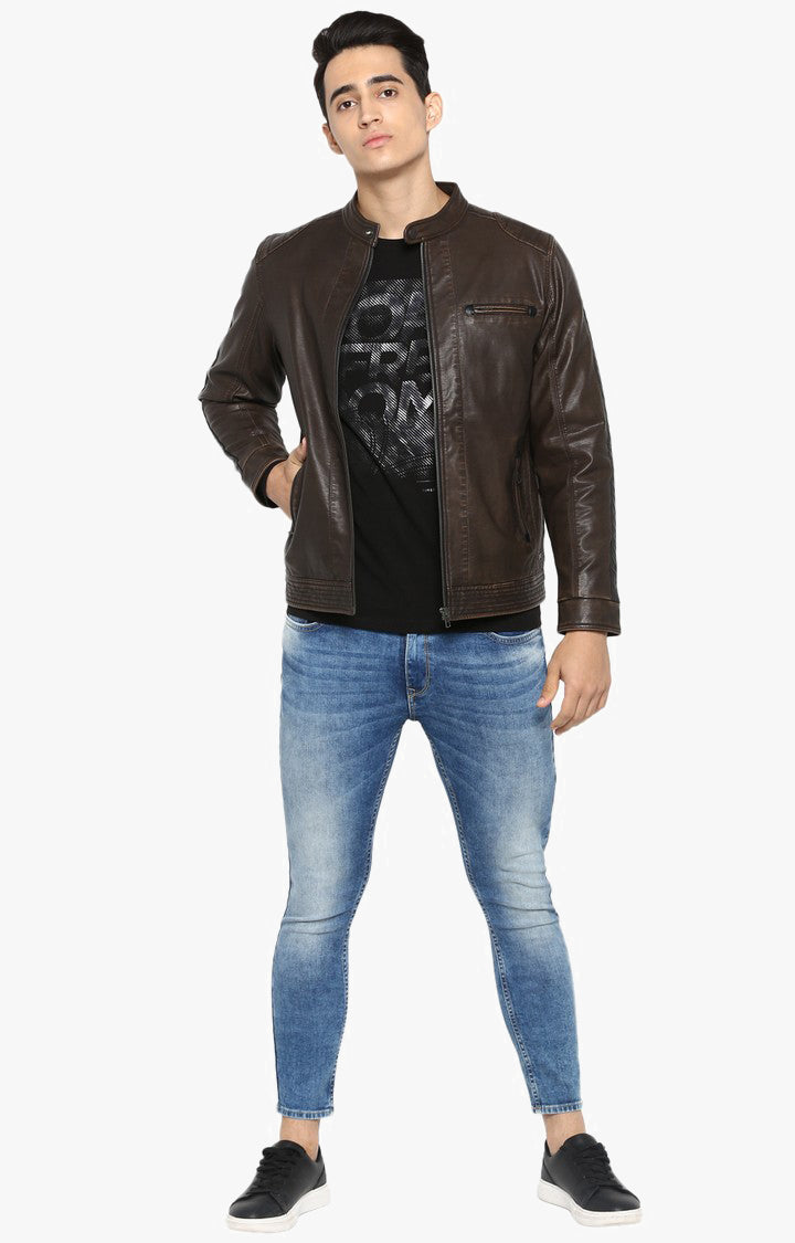 Spykar Brown Pu Slim Fit Jacket For Men