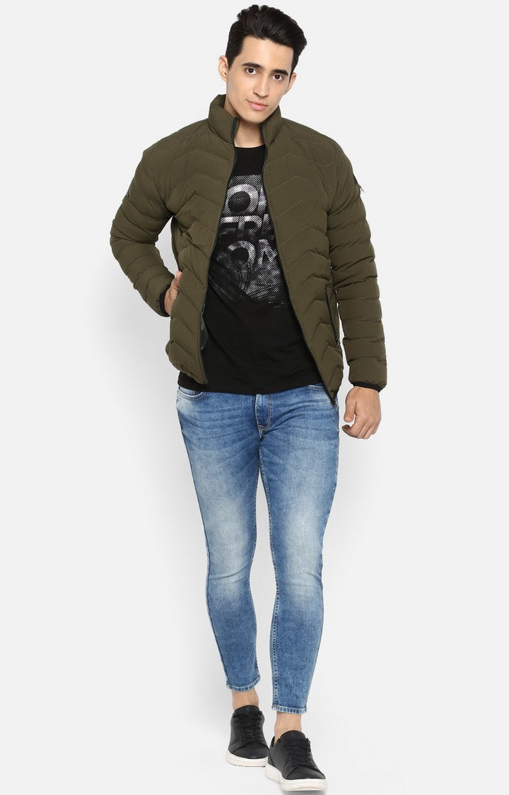 Spykar Men Olive Solid Slim Fit Bomber Jacket