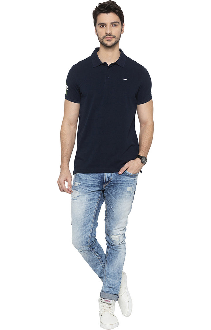 Spykar Men Blue Cotton Slim Fit Polo T-Shirt