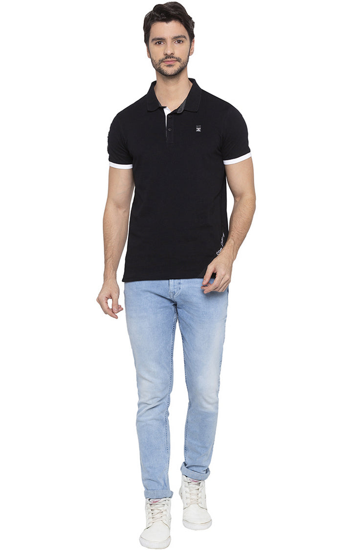 Spykar Men Black Cotton Slim Fit Polo T-Shirt