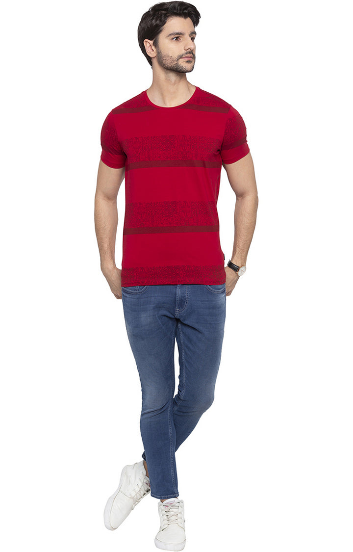 Spykar Men Red Cotton Slim Fit Round Neck T-Shirt