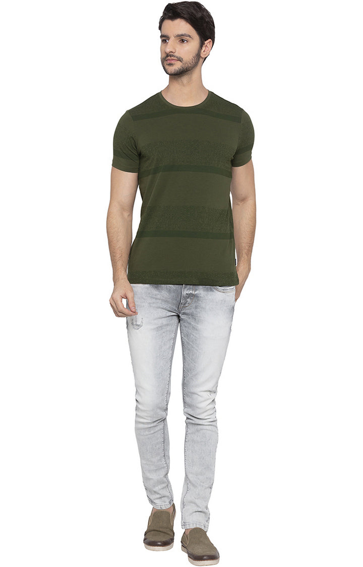 Spykar Men Olive Striped T-Shirt