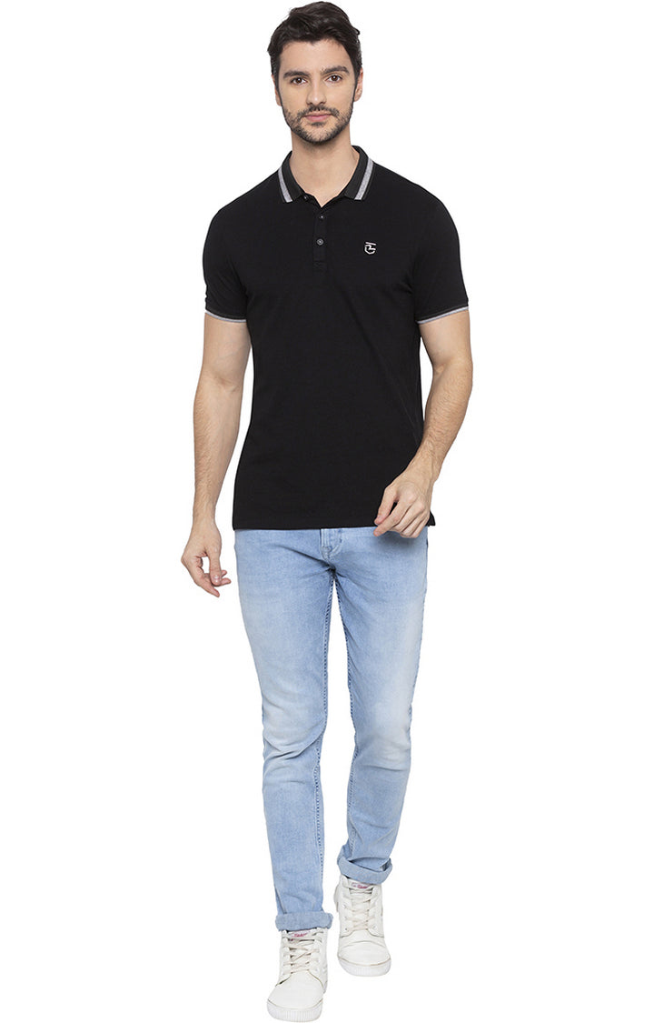 Spykar Men Black Cotton Slim Fit Polo T-Shirt