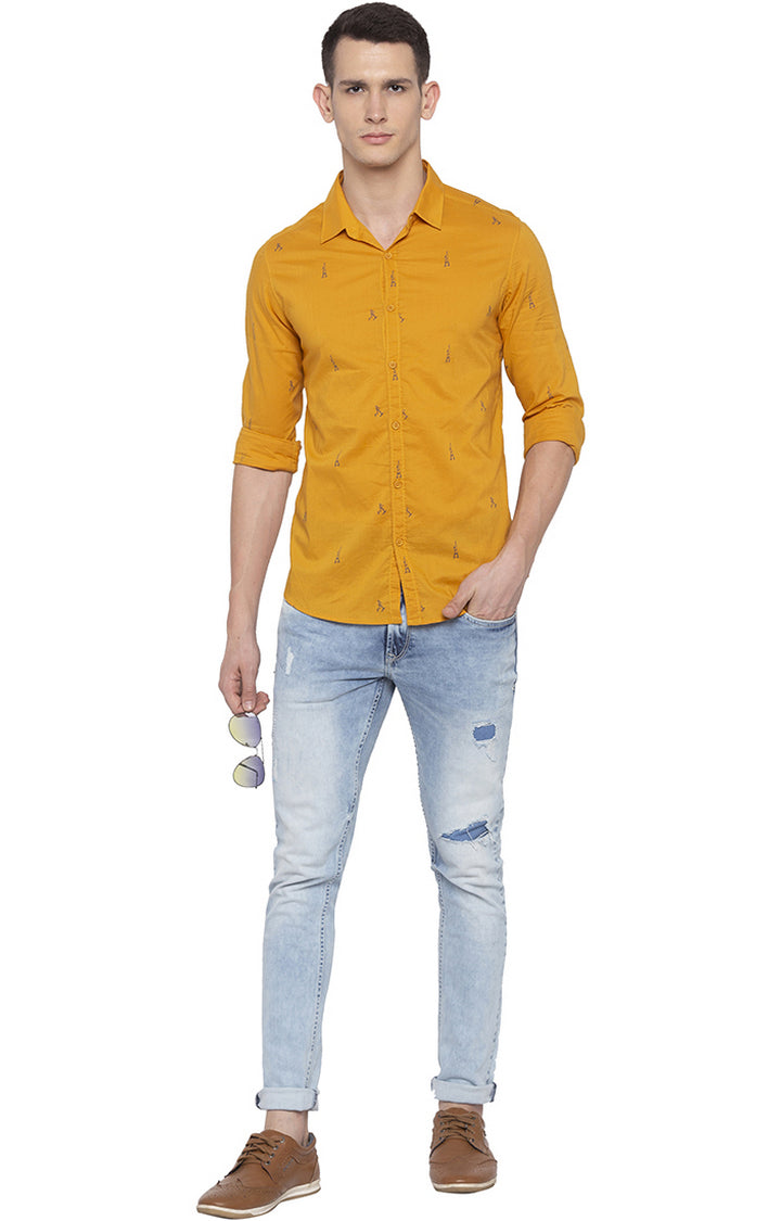 Spykar Men Mustard Printed Slim Fit Casual Shirt