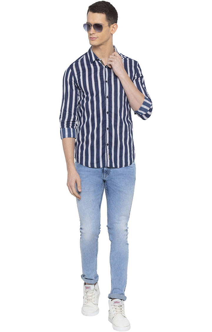 Spykar Men Navy Striped Slim Fit Casual Shirt