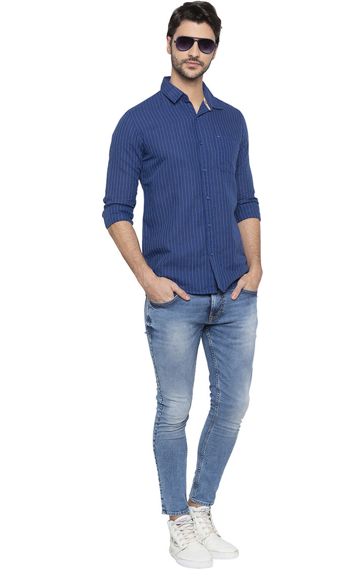 Spykar Men Royal Blue Striped Slim Fit Casual Shirt