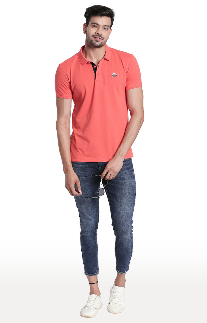 Spykar Men Orange Cotton Slim Fit Polo T-Shirt