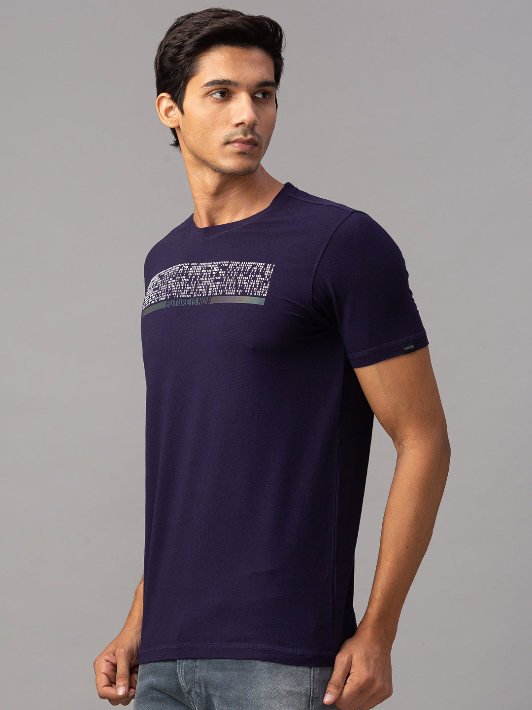 Spykar Men Blue Cotton Slim Fit Round Neck T-Shirt