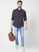 Spykar Men Navy Blue Cotton Slim Fit Full Sleeve Striped Shirt