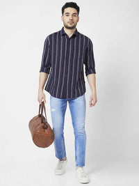 Spykar Men Navy Blue Cotton Slim Fit Full Sleeve Striped Shirt