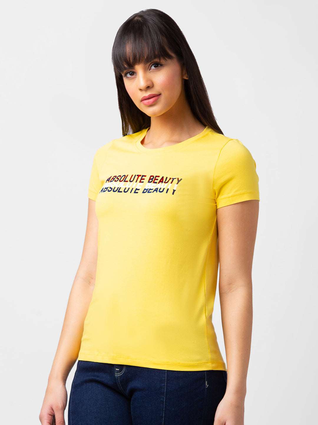 Spykar Women Lemon Yellow Blended Regular Fit Half Sleeve Printed Tshirt