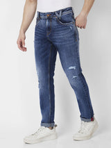 Spykar Men Mid Blue Cotton Slim Fit Narrow Length Mild Distressed Low Rise Jeans (Skinny)