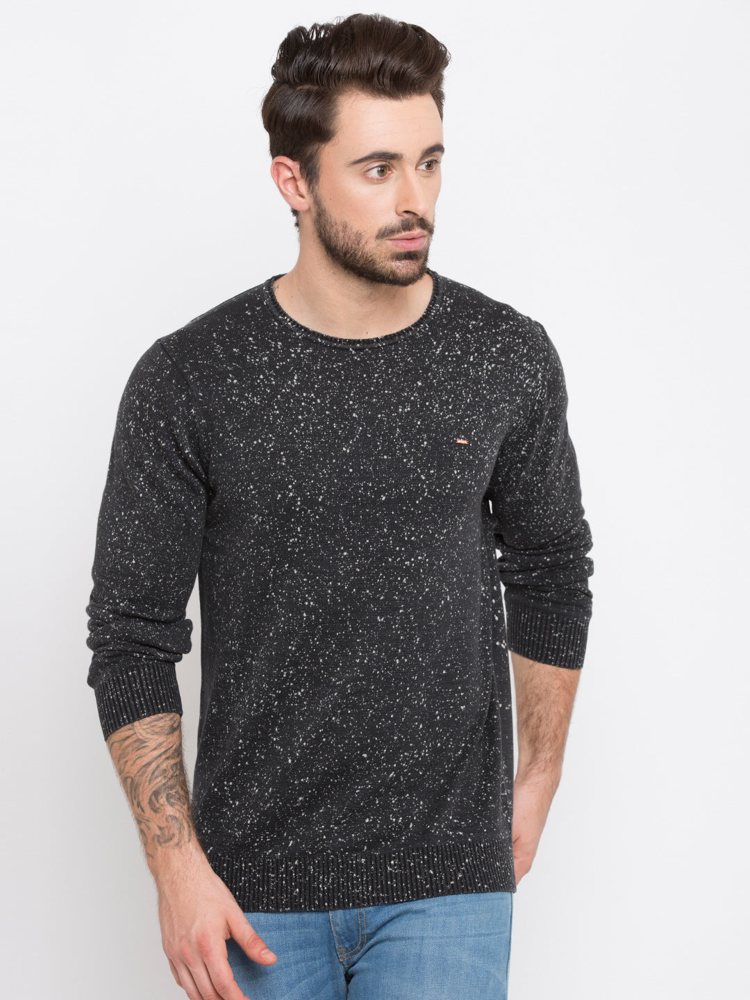 Spykar Men Black Cotton Slim Fit Round Neck T-Shirt