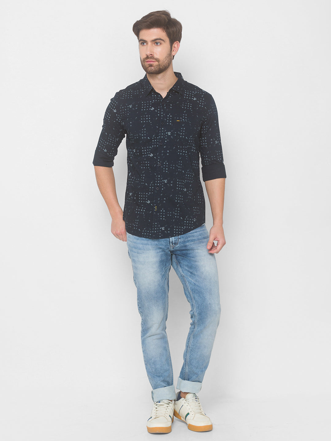 Spykar Slim Fit Men Navy Blue Cotton Shirts (Uniqlo)