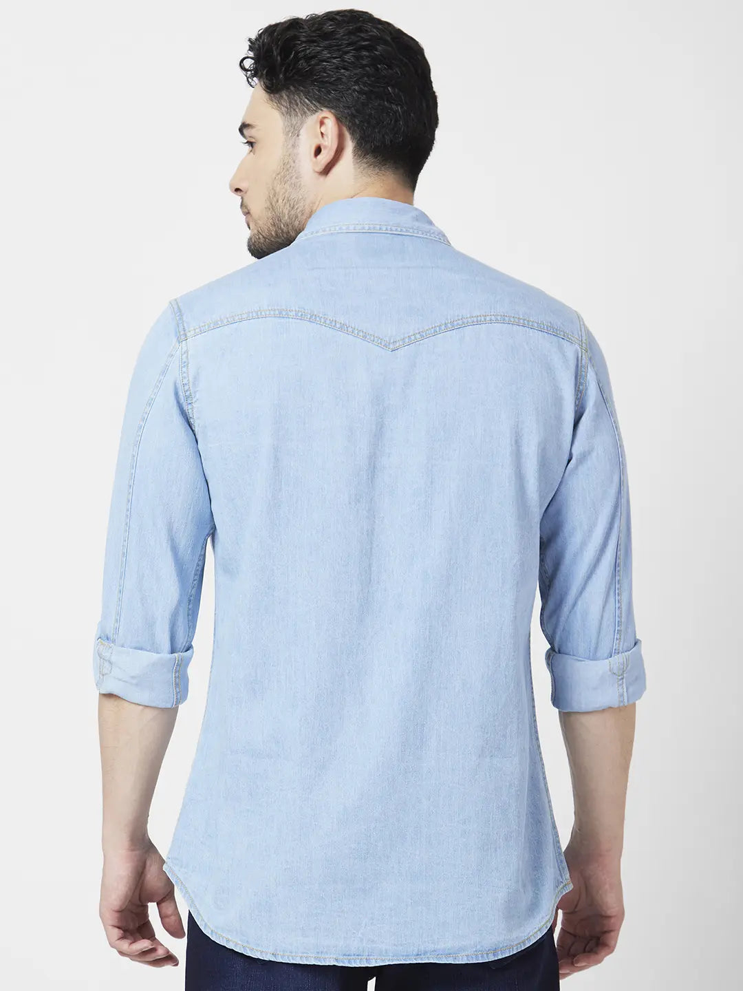 Men's Mandarin Collar Light Wash Denim Shirt
