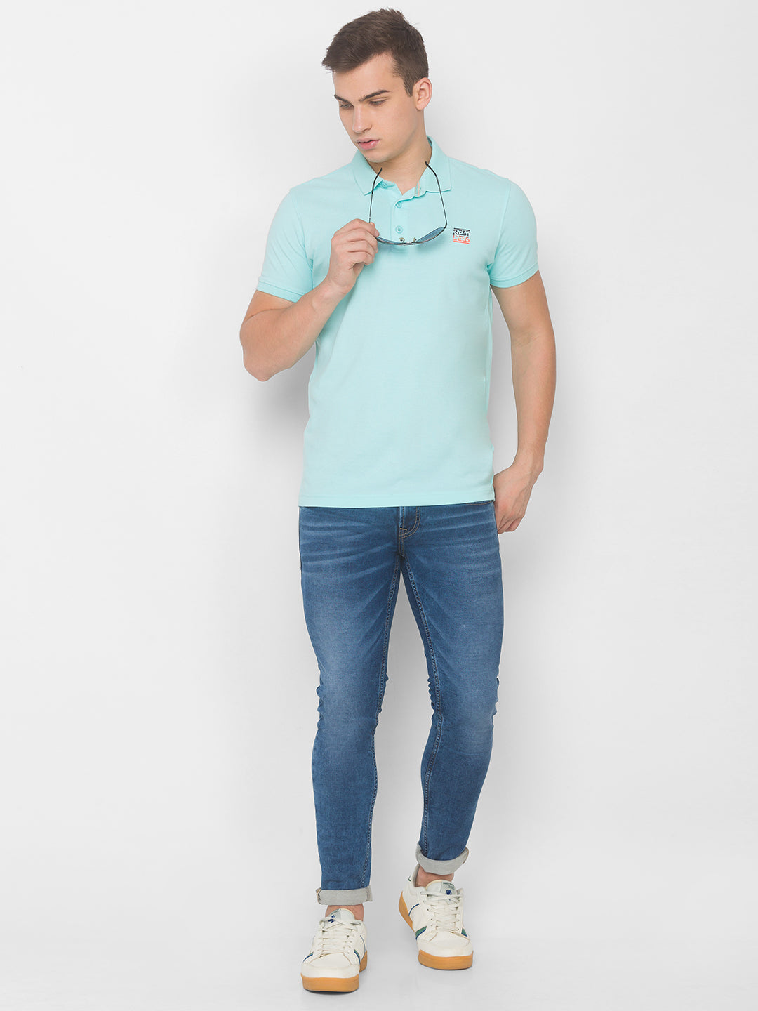 Spykar Men Blue Cotton Slim Fit Polo T-Shirt