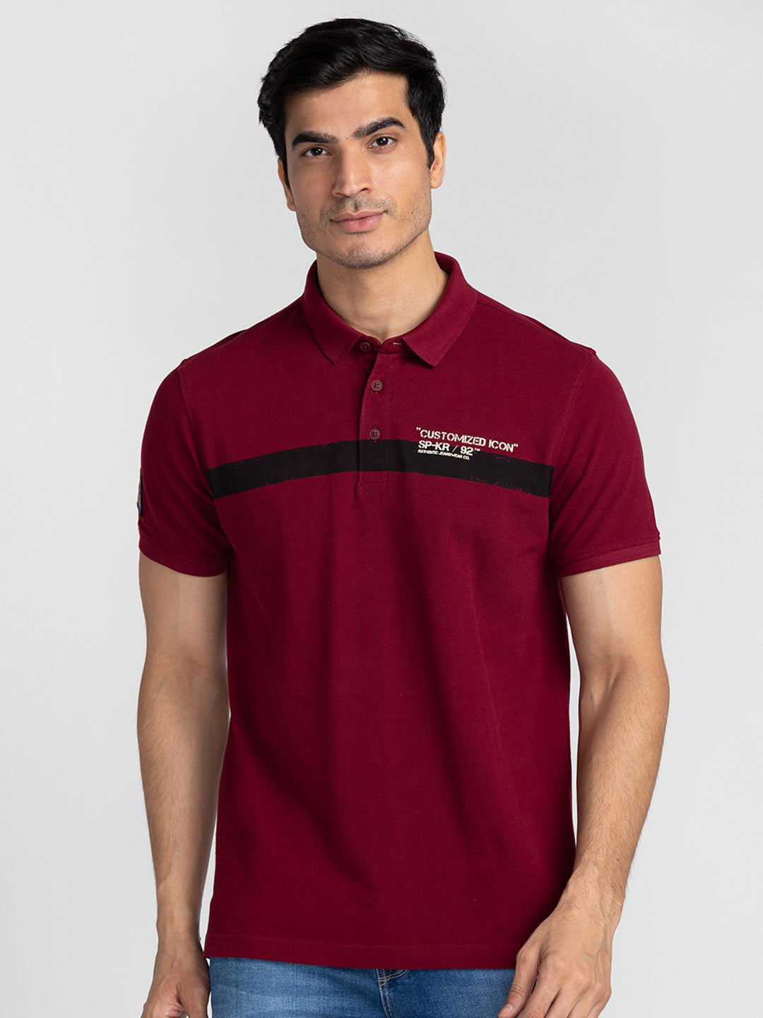 Spykar Men Berry Red Cotton Slim Fit Polo Printed T-Shirt