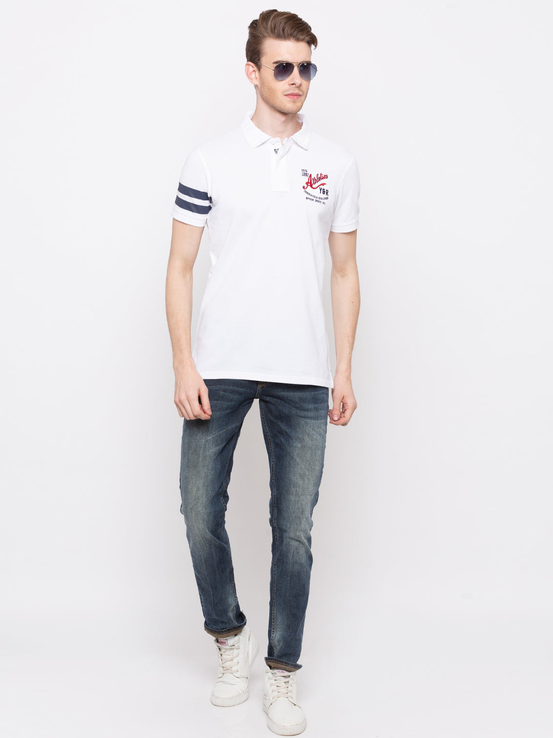 Spykar Men White Cotton Slim Fit Polo T-Shirt