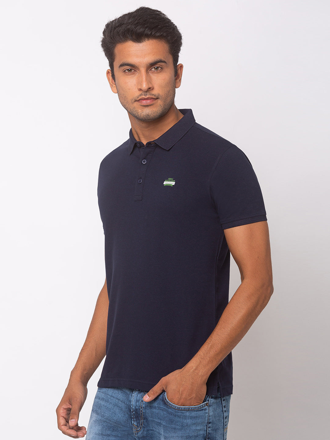 Spykar Men Blue Cotton Slim Fit Polo T-Shirt