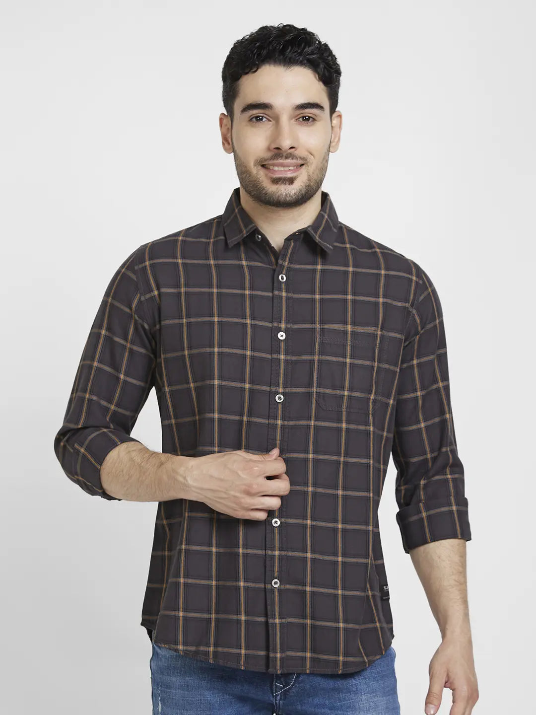 Spykar Men Charcoal Grey Cotton Regular Slim Fit Full Sleeve Checkered Shirt