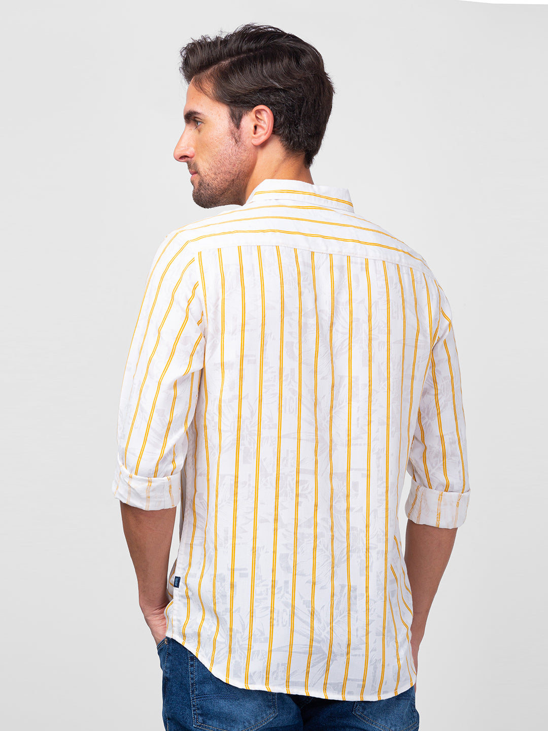 Spykar Men Chrome Yellow Cotton Slim Fit Striped Shirt