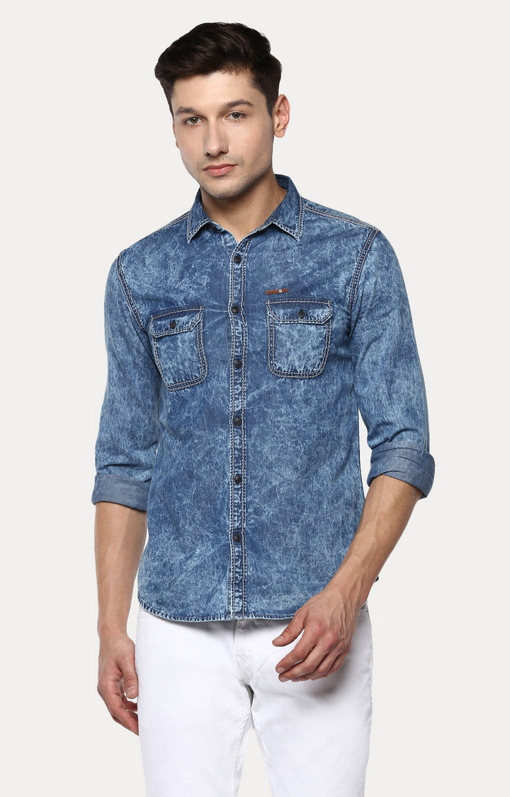 Spykar Men'S Blue Cotton Solid Casual Shirts