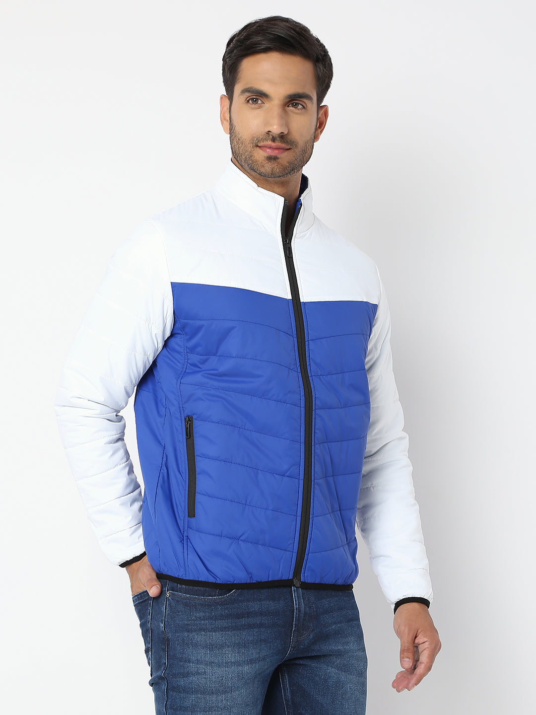 Spykar Men White & Royal Blue Nylon Regular Fit Jacket